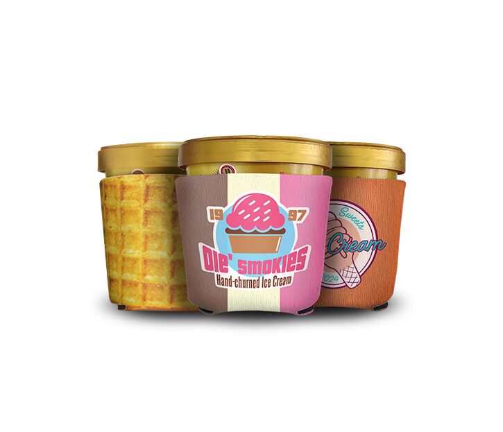 ice cream pint koozie customized made from neoprene material and logo business design on them and fit most ice cream pints