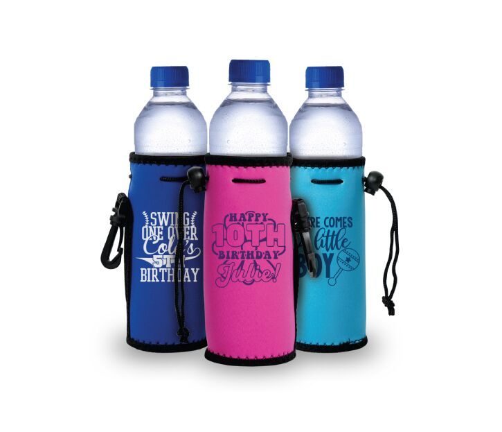 Customize a set of three water bottle neoprene koozies for birthday kids and baby shower