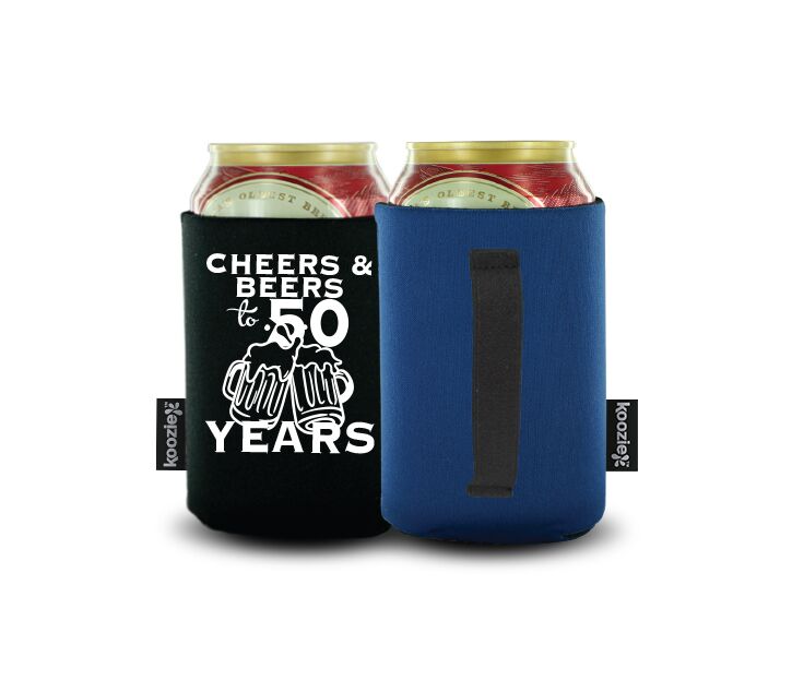 Black and navy handle koozies with a fun 50th birthday design