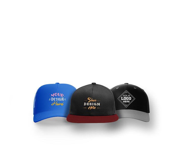 Three custom hats printed with diverse designs, highlighting personal flair