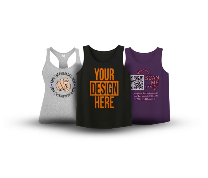 Three personalized tank tops with custom designs and slogans