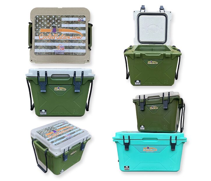 Custom bison cooler in olive, sand and seafoam for outdoor adventures with coolienation logo design on them