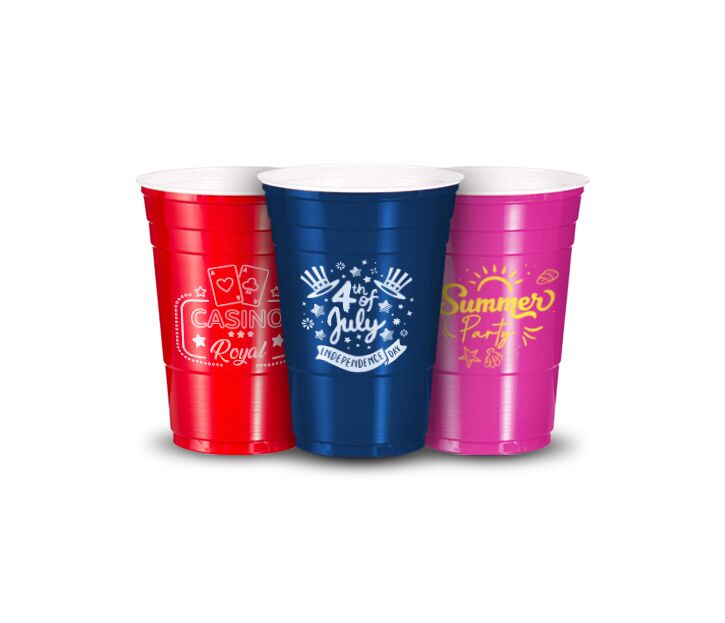 Set of three party cups in various colors, all featuring the same festive design