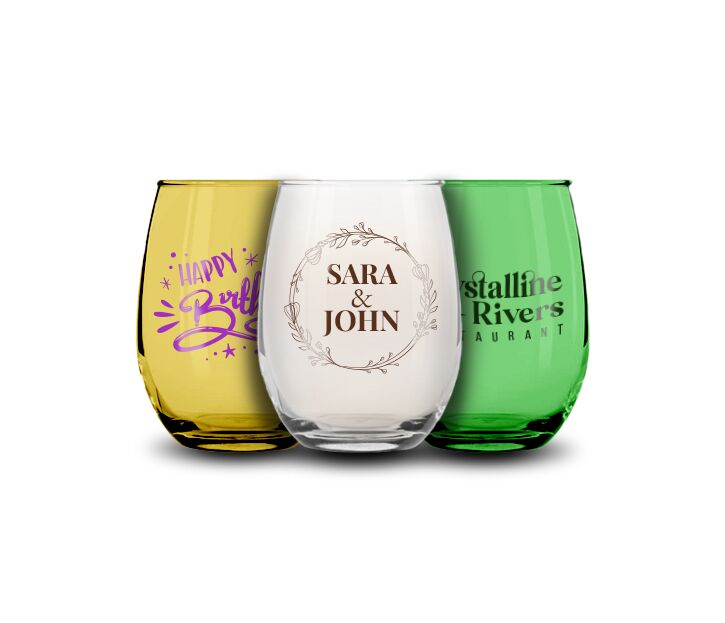 Personalized stemless wine glass with a custom design for business, birthday and weddings