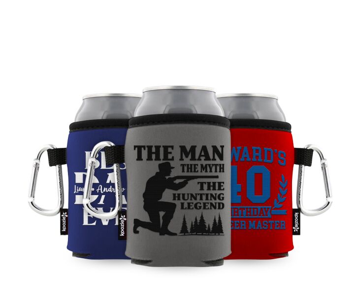 Custom blue and grey carabiner koozie with a fun birthday and party design in single ink