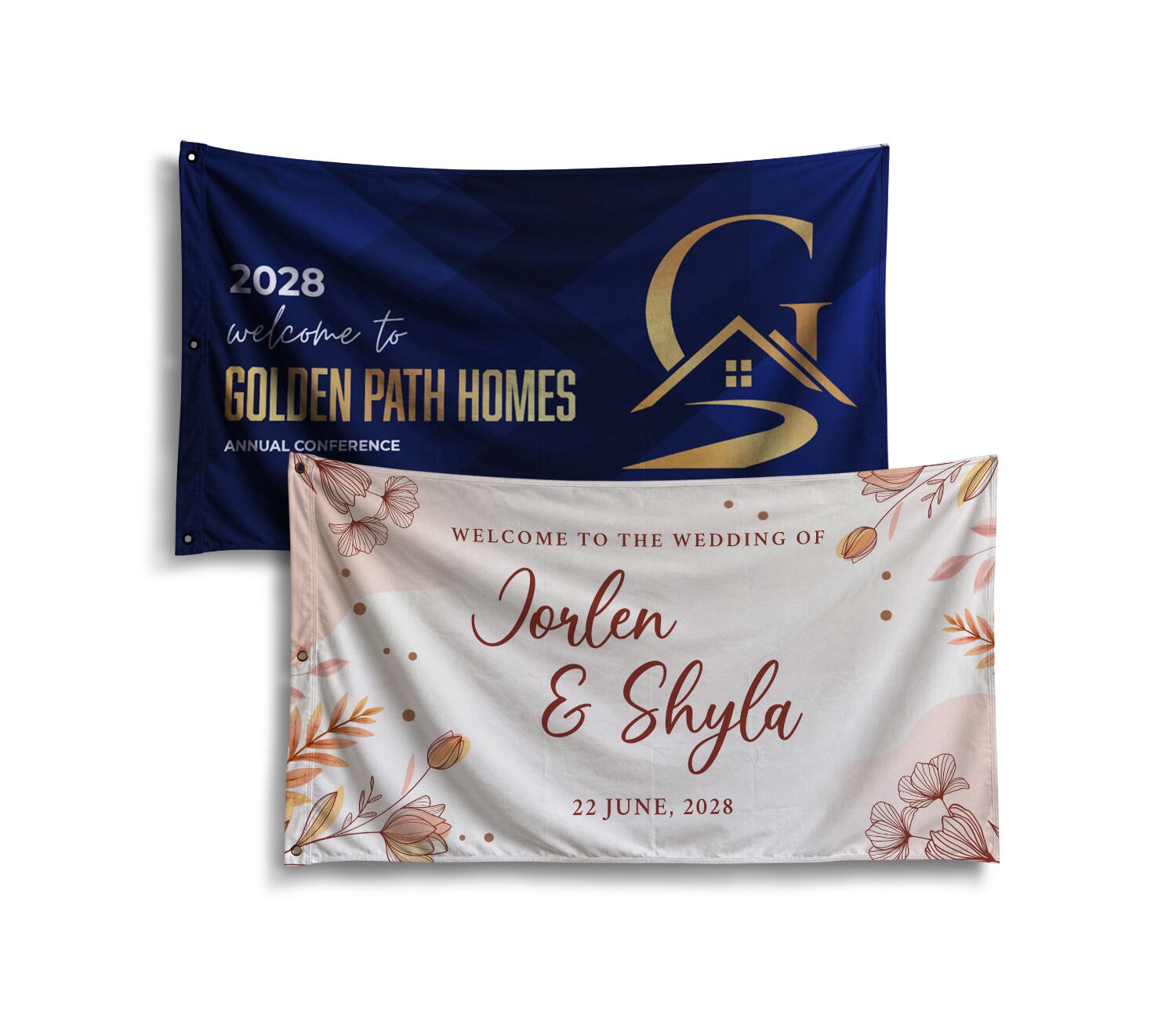 Two custom CoolieNation banners: a navy Golden Path Homes conference banner and a floral wedding banner for Jorlen and Shyla.