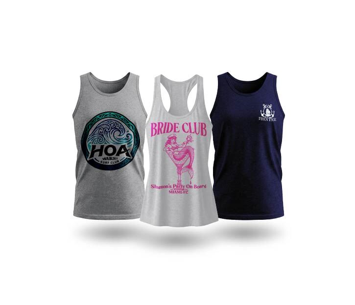 Three personalized tank tops with custom designs and slogans
