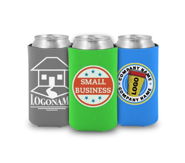 three pack koozie for mini can beer 8 ounce slim with small business design on them