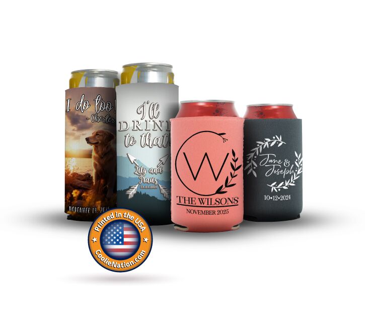 collection of wedding koozies showcasing unique designs