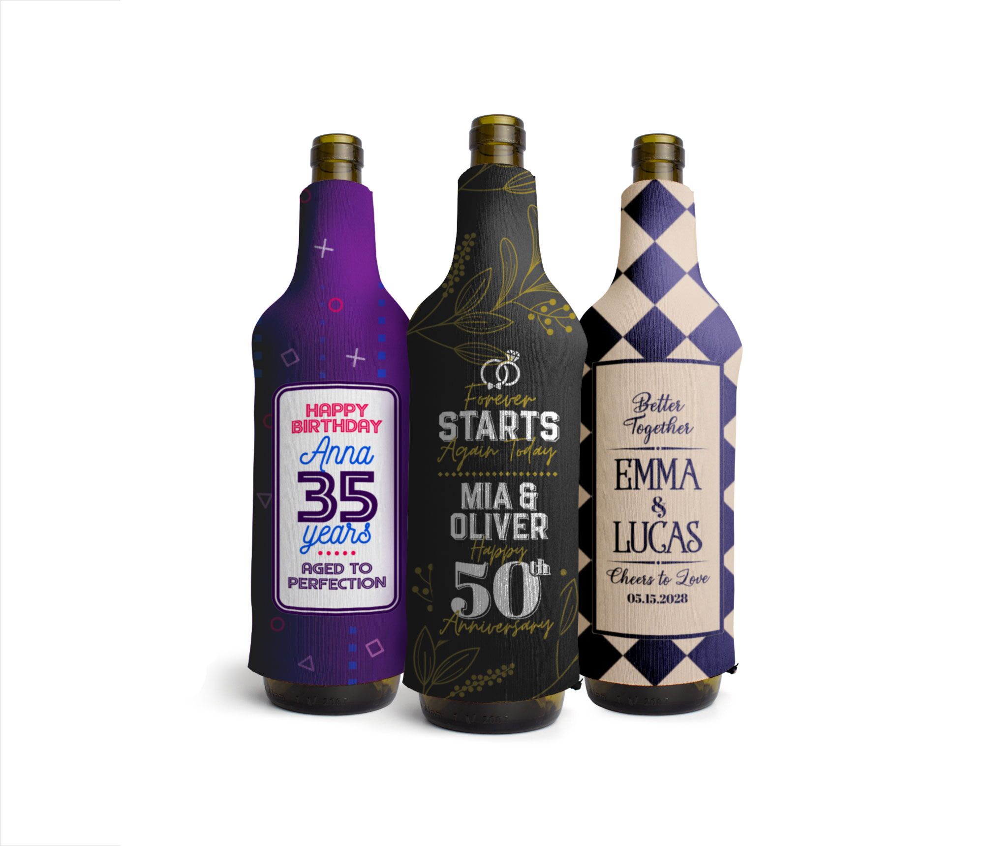 Neoprene wine bottle koozies with anniversary design on them to keep drinks cold and protect bottles from breaking.