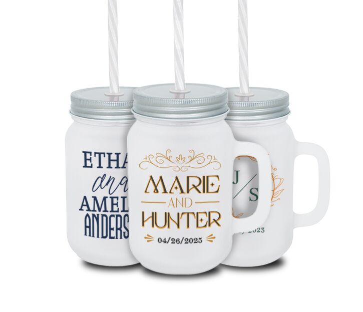 Three personalized mason jar wedding favors, perfect for a special day or to promote a business.