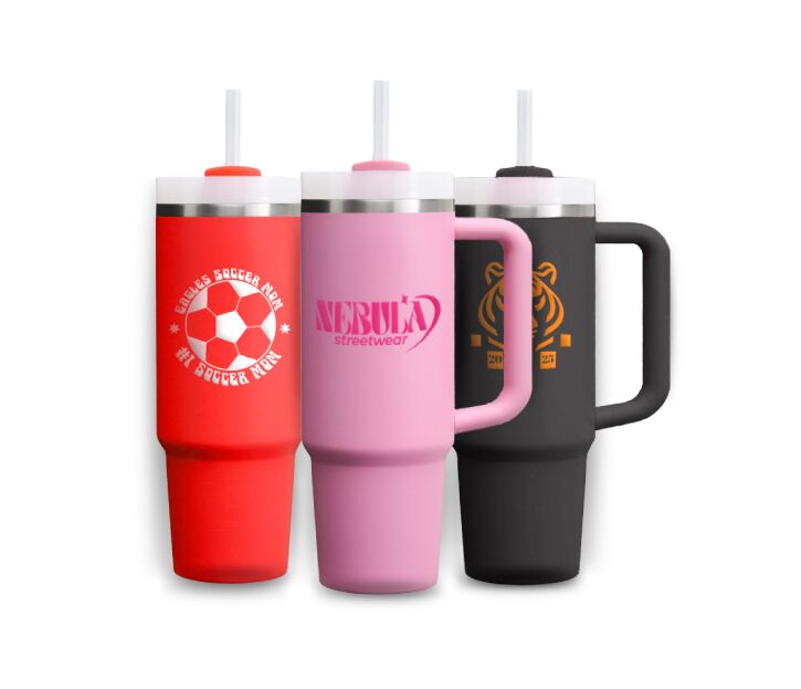 Custom 40oz stainless steel vacuum tumbler with handle, with unique designs and personalized artwork