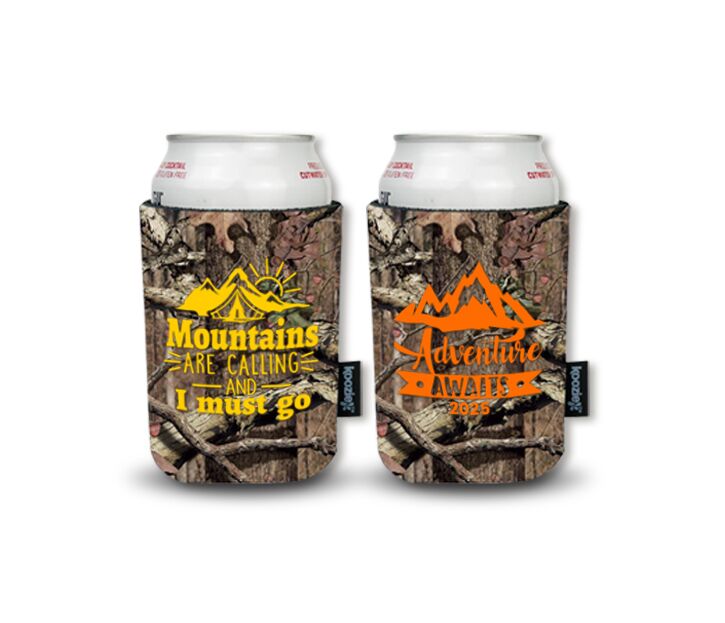 Mossy Oak koozie with a custom camp design print