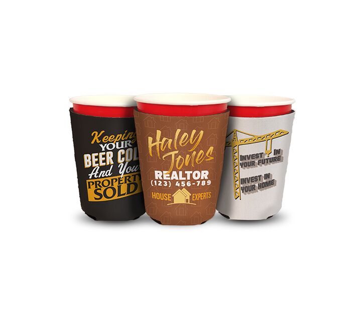 set of three solo cup coolies with neoprene and foam material and bottom, with a custom design