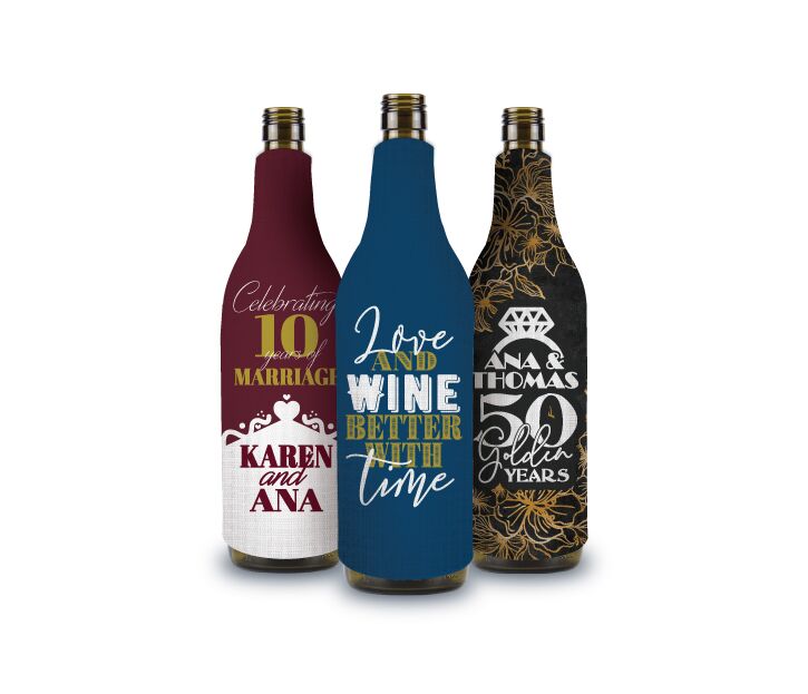 Neoprene wine bottle koozies with anniversary design on them to keep drinks cold and protect bottles from breaking.