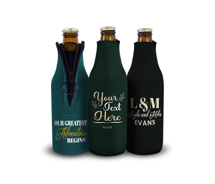 set of three zipper bottle koozie with foam material and custom wedding print on them to keep drinks colder for longer