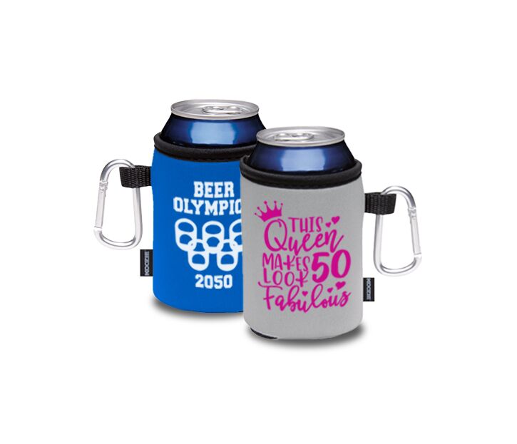 Custom blue and grey carabiner koozie with a fun birthday and party design in single ink
