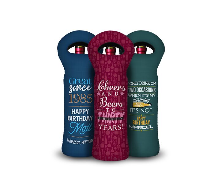 three wine bottle tote bags custom covers with vibrant birthday designs