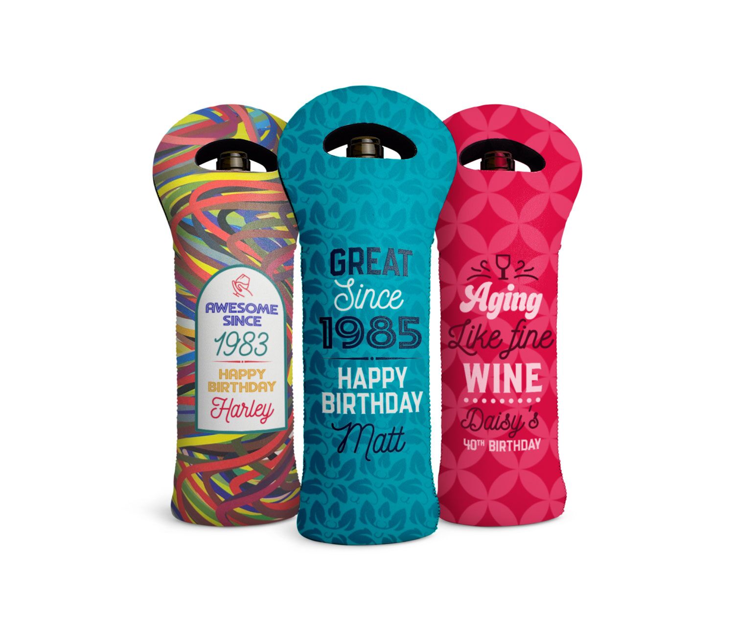 three wine bottle tote bags custom covers with vibrant birthday designs