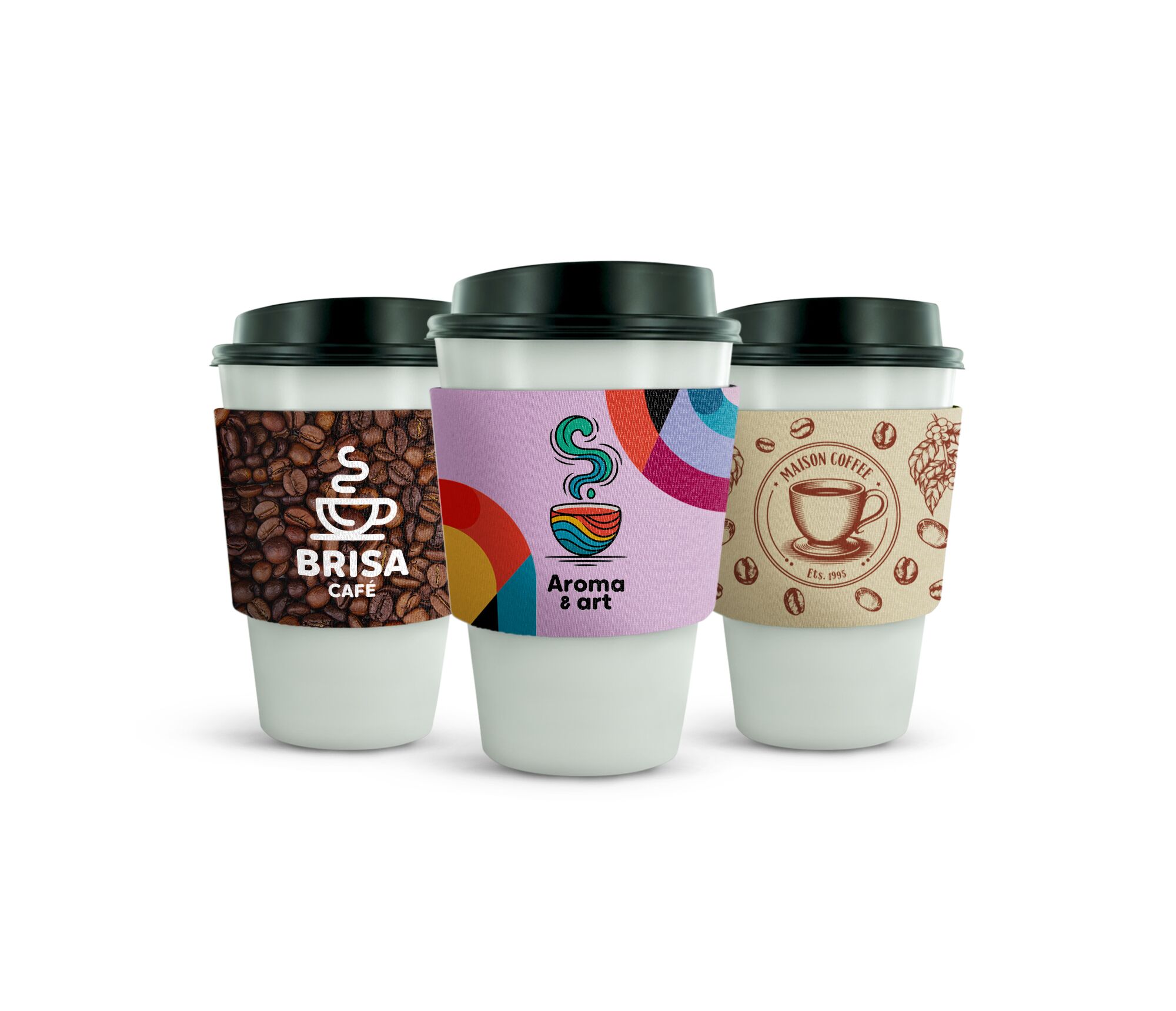set of three neoprene coffee sleeves for hot or cold drinks to promote business logo and employee gifts with customized designs