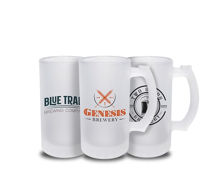 Three personalized 16oz beer mugs with breweries logo, showcasing the perfect brew for beer enthusiasts