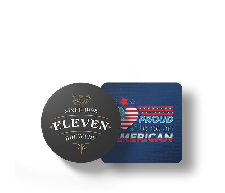 Three personalized square and circle coasters with custom designs and colors. Perfect for protecting your surfaces in style