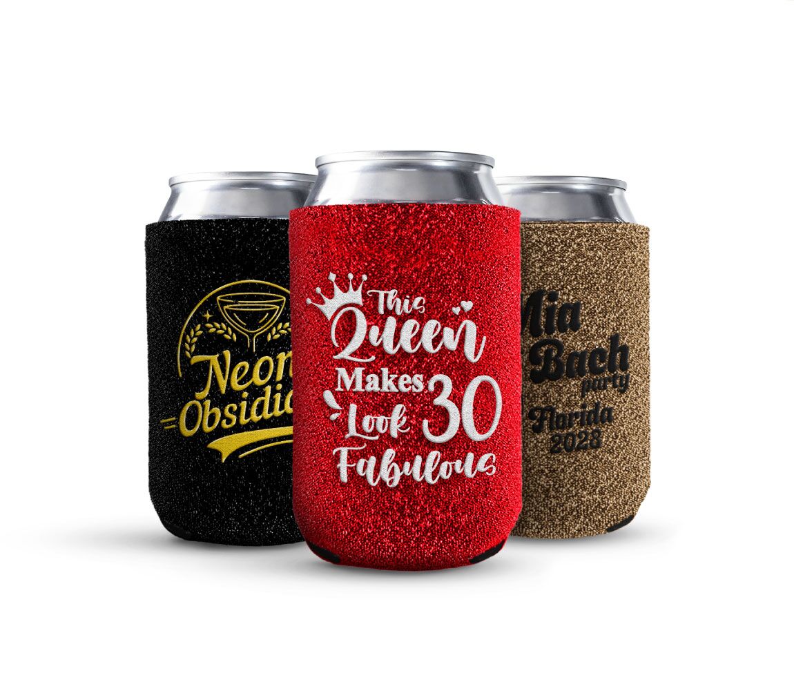 Sparkling custom glitter can koozie with personalized text