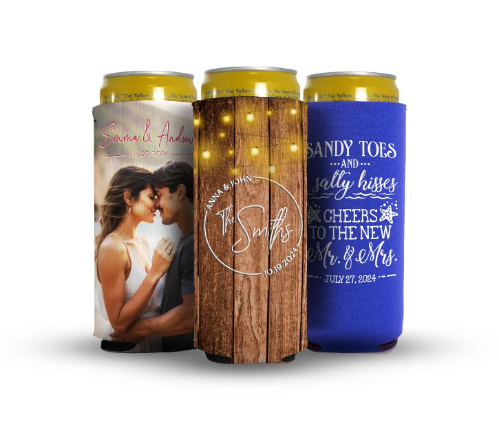 Three custom skinny can koozies with wedding design on them