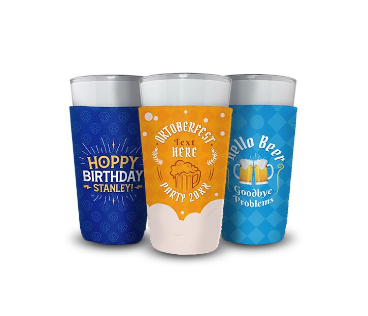 Set of three pint glass koozies printed with custom brewery designs, perfect for promote brands