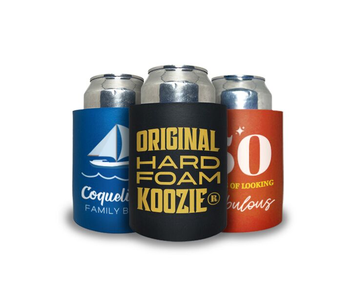 Custom hard foam koozies with text and single ink print in different designs, ideal for weddings, birthday parties, and corporate giveaways.
