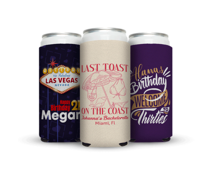 customized koozies with birthday and bachelorette design for 12 ounce slim cans