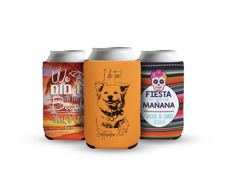 Custom collapsible neoprene can koozie with a wedding print design, perfect for wedding favors or special celebrations.