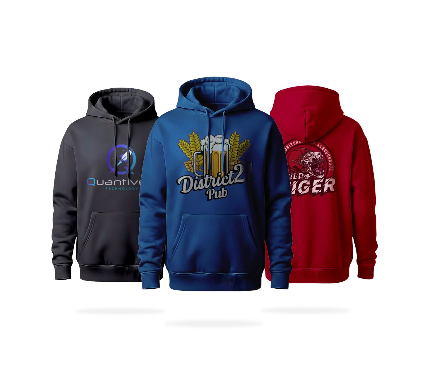 Three hoodies with unique designs. Customize your style with these made-to-measure sweatshirts