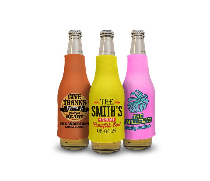 set of three foam sleeves koozie that fit over a bottle to keep drinks cool with customized family reunion design