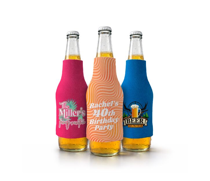 set of three foam sleeves koozie that fit over a bottle to keep drinks cool with customized family reunion design