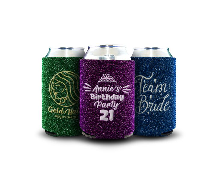 Sparkling custom glitter can koozie with personalized text