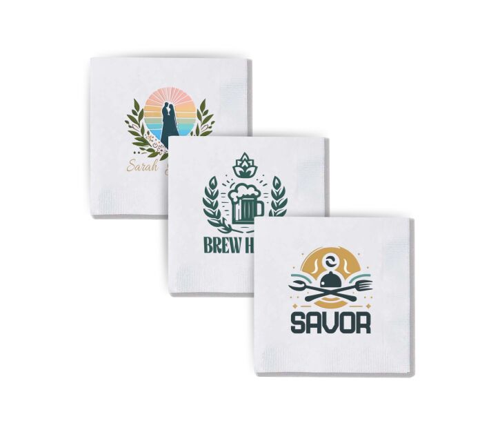 White napkins customized with unique multi-ink print details