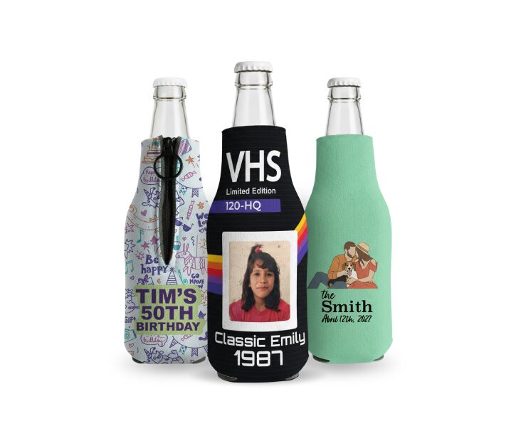 Custom zipper bottle koozies with full color designs, including birthday, photo, and personalized artwork