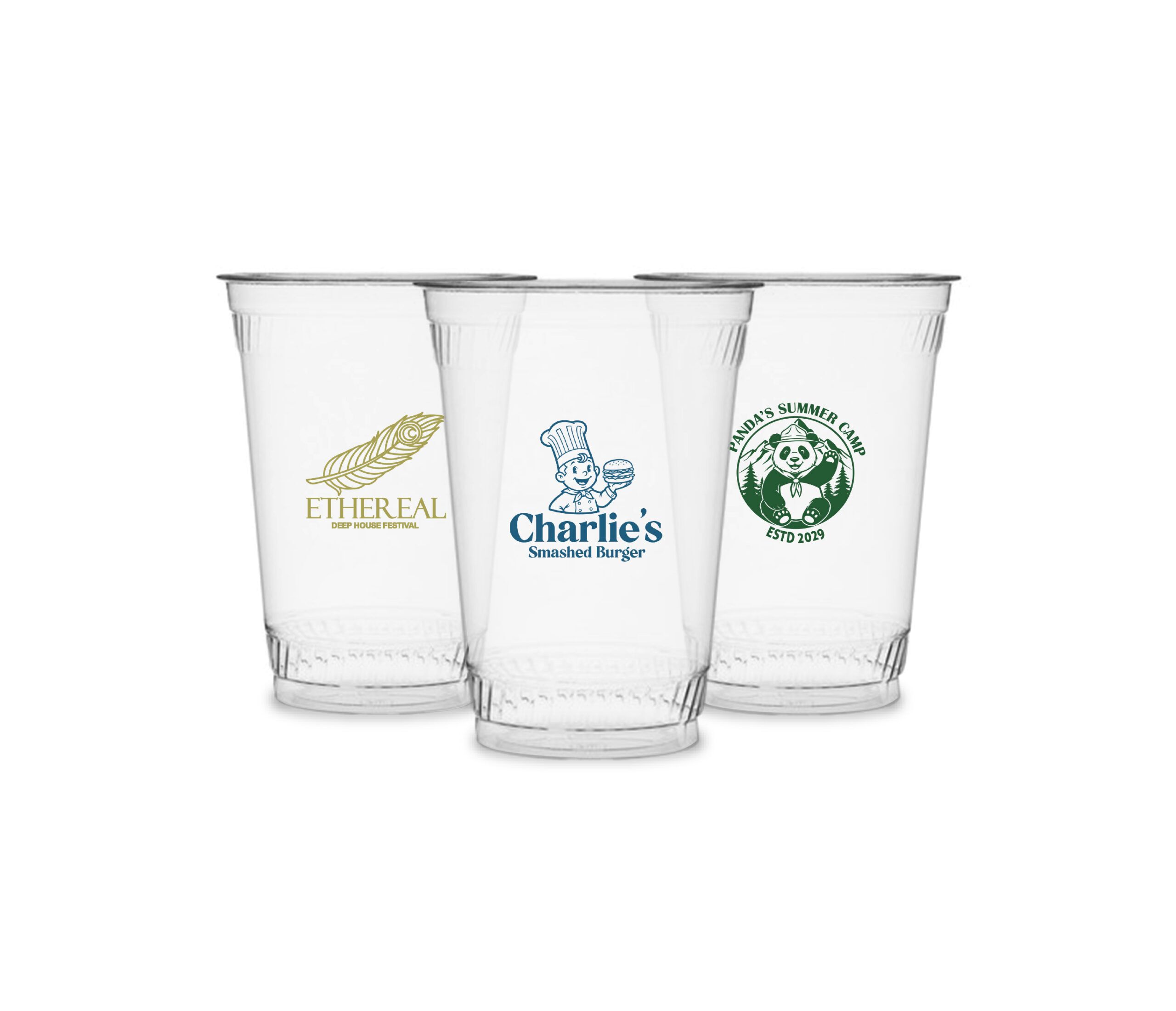 Custom 24oz clear soft-sided cups with printed logos for restaurants, events, and promotional branding
