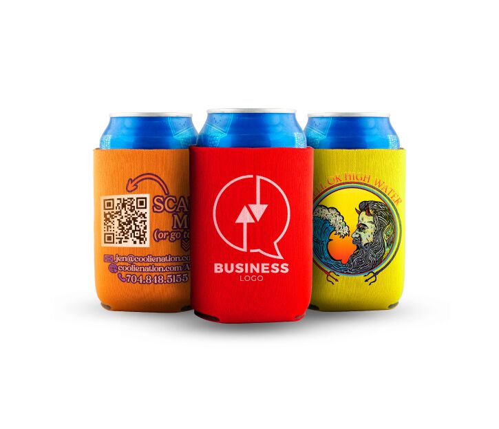 Three custom can koozies featuring unique designs, perfect for keeping your beverages cool and adding a touch of style.