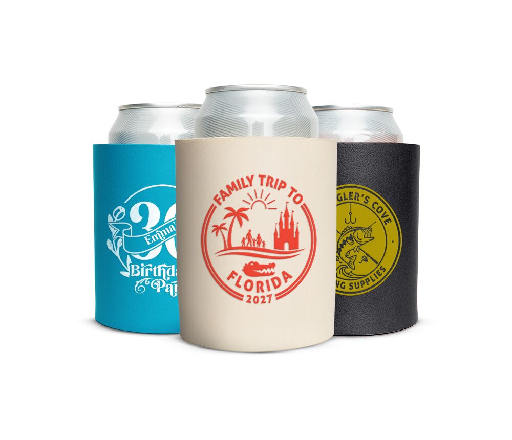 Custom hard foam koozies with text and single ink print in different designs, ideal for weddings, birthday parties, and corporate giveaways.