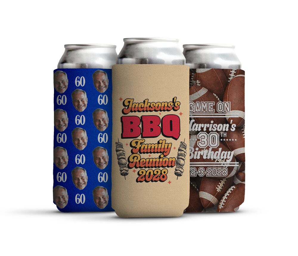 Custom 24oz neoprene can koozie with a playful bachelor party design