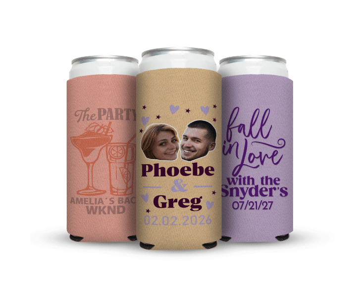 Three custom skinny can koozies with wedding design on them